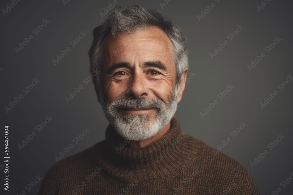 Obraz premium Conceptual portrait photography of a pleased man in his 60s wearing a cozy sweater against a black background. Generative AI