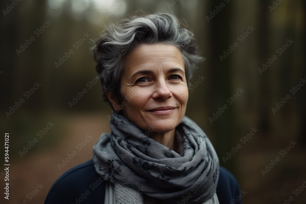 Portrait of a smiling middle-aged woman in the forest.