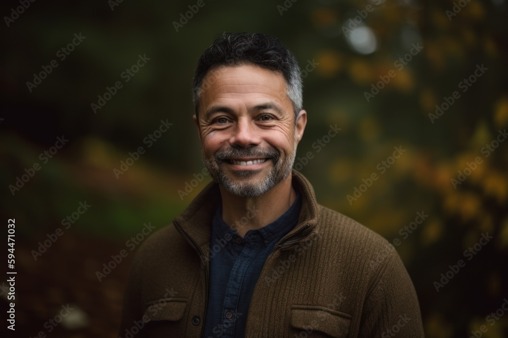 Portrait of a handsome middle-aged man smiling at the camera while standing in an autumn park Portrait of a handsome middle-aged man smiling at the camera while standing in an autumn park