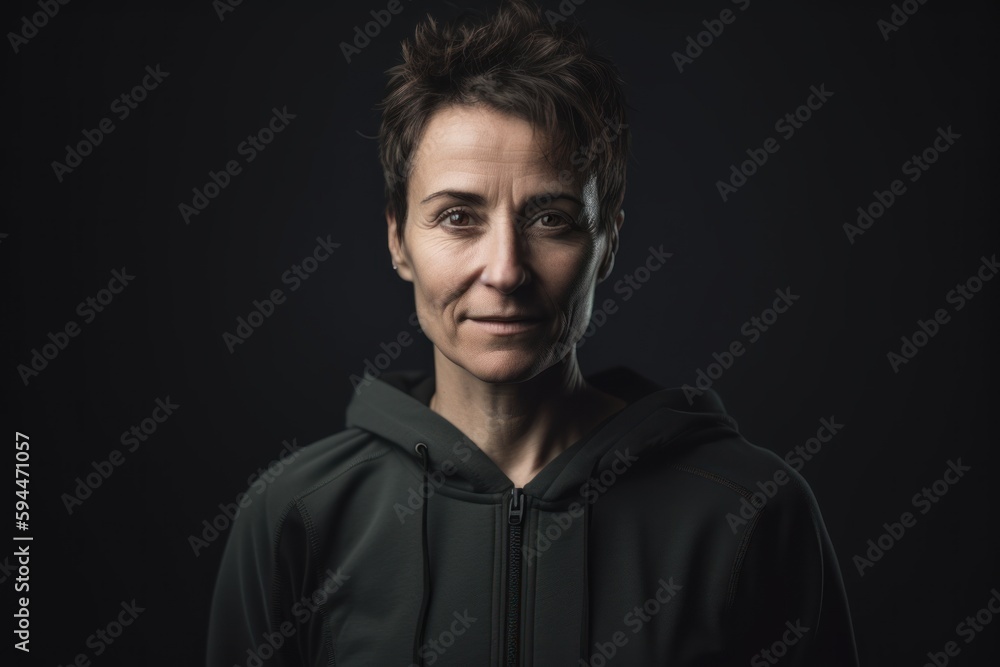Fototapeta premium Portrait of a middle-aged woman in a black hoodie on a dark background