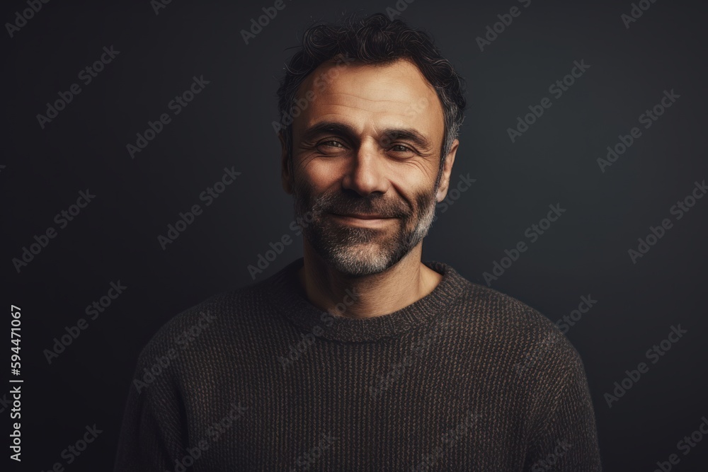 Portrait of a smiling middle-aged man in a sweater on a dark background Portrait of a smiling middle-aged man in a sweater on a dark background