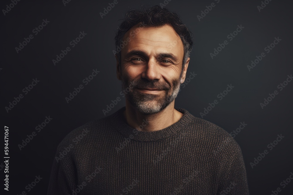 Portrait of a smiling middle-aged man in a sweater on a dark background