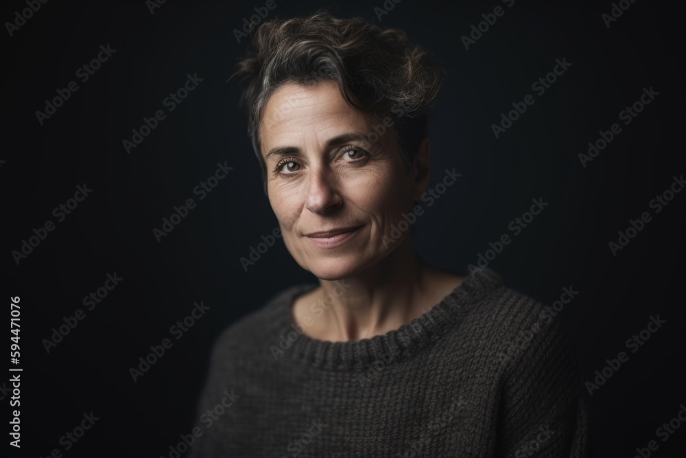 Naklejka premium Portrait of a woman with short hair in a sweater on a dark background