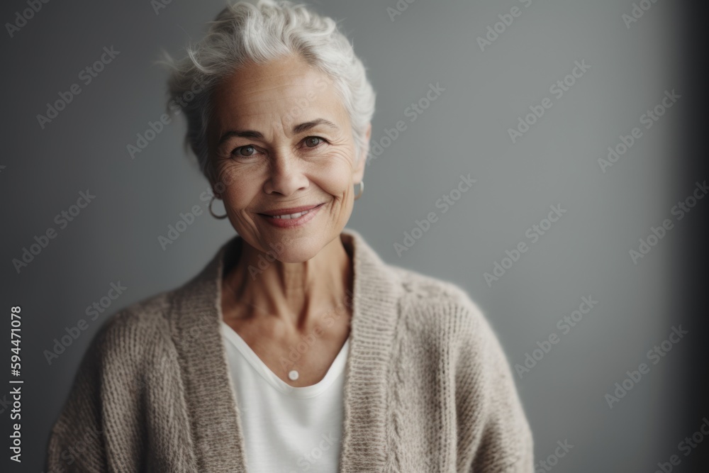 Portrait of a beautiful senior woman smiling at the camera while standing against grey background Portrait of a beautiful senior woman smiling at the camera while standing against grey background