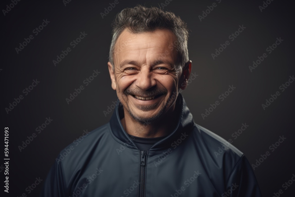 Portrait of a smiling mature man in sportswear on a dark background.