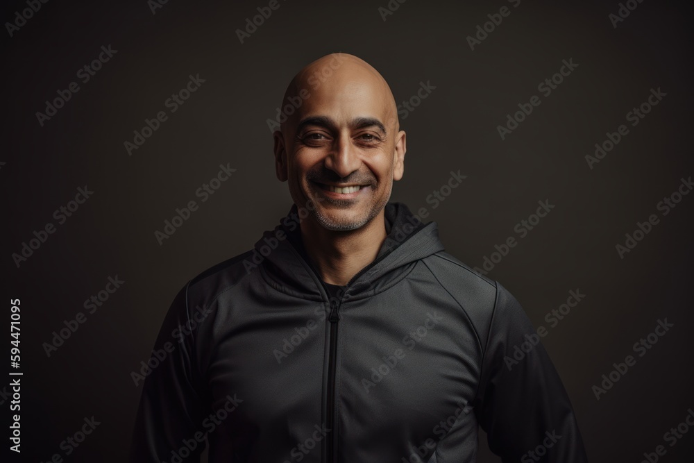 Portrait of a smiling bald man in a black jacket on a dark background Portrait of a smiling bald man in a black jacket on a dark background