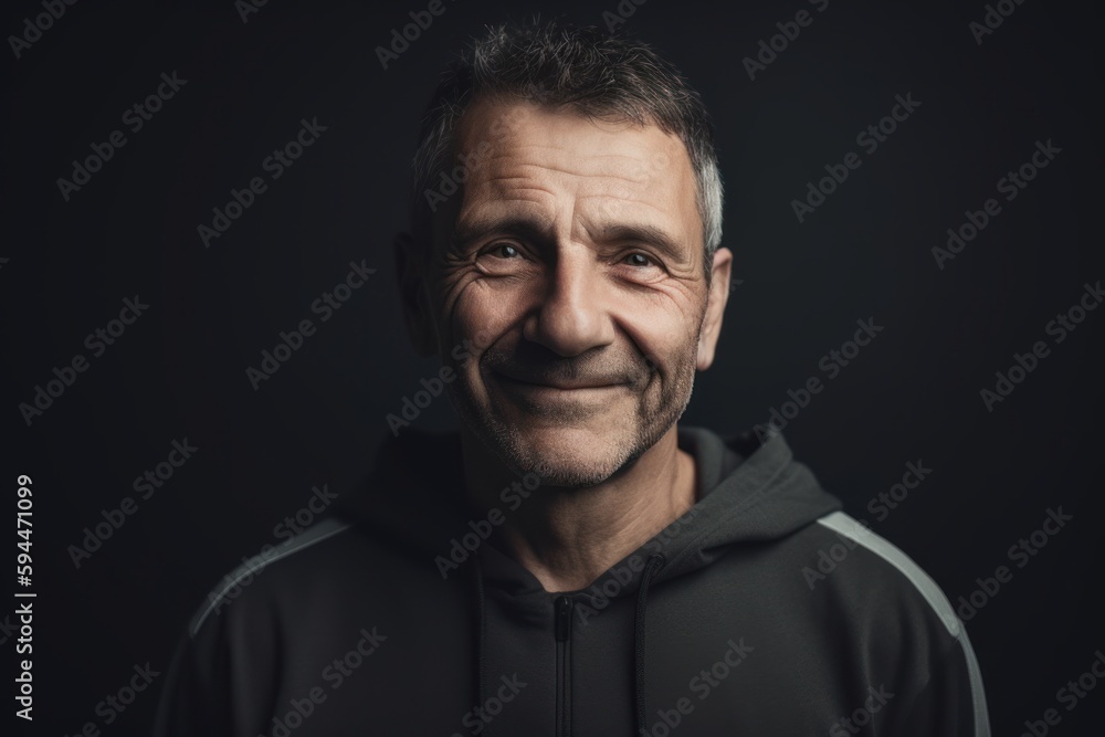 Portrait of a smiling mature man in a black hoodie. Portrait of a smiling mature man in a black hoodie.