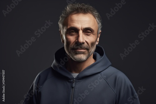 Portrait of handsome mature man with grey hair in hoodie.
