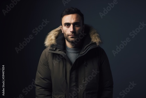 Portrait of a handsome young man in a winter jacket on a dark background