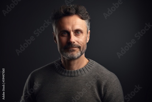 Handsome middle-aged man in grey sweater on dark background