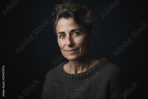 Portrait of a woman with short hair in a sweater on a dark background
