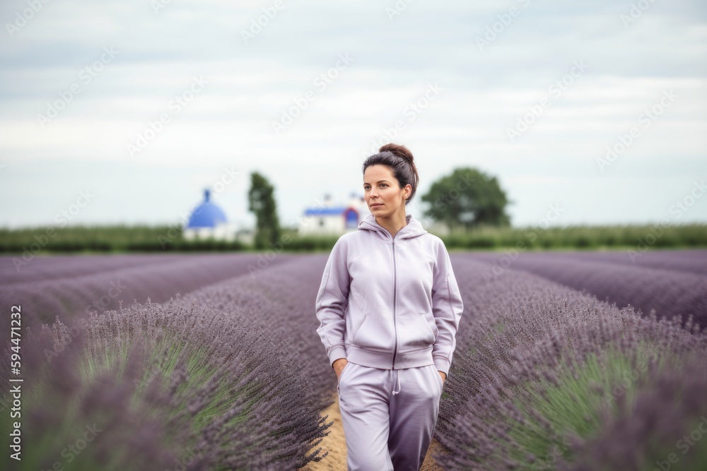 Portrait of middle-aged woman standing in lavender field. Portrait of middle-aged woman standing in lavender field.