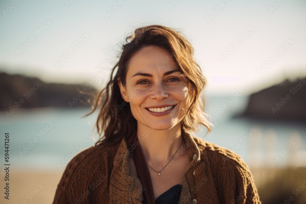 Portrait of smiling woman looking at camera on beach during autumn day Portrait of smiling woman looking at camera on beach during autumn day