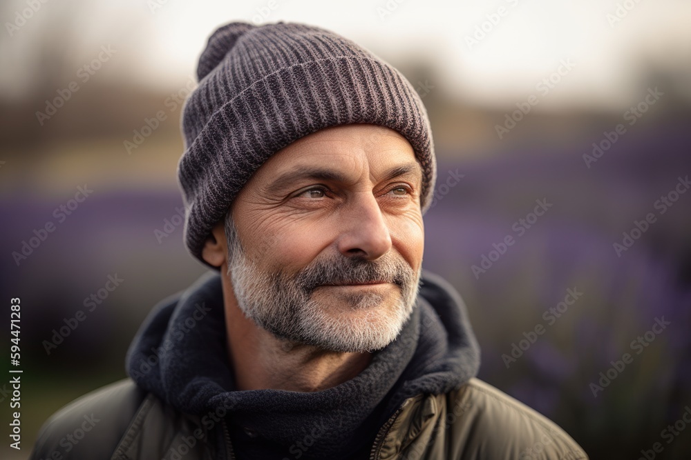 Portrait of a senior man in a lavender field at sunset Portrait of a senior man in a lavender field at sunset