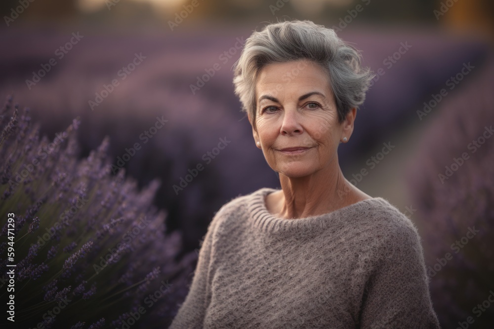 Portrait of a senior woman standing in lavender field at sunset Portrait of a senior woman standing in lavender field at sunset