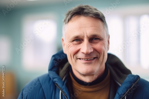 Portrait of smiling mature man in winter jacket looking at camera.