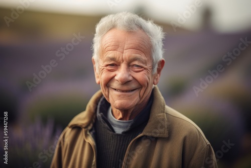 Portrait of a senior man in lavender field smiling at camera