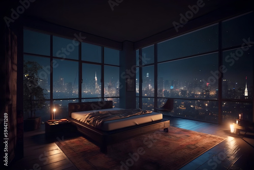 Futuristic penthouse bedroom at night showing buildings through windows using Generative AI