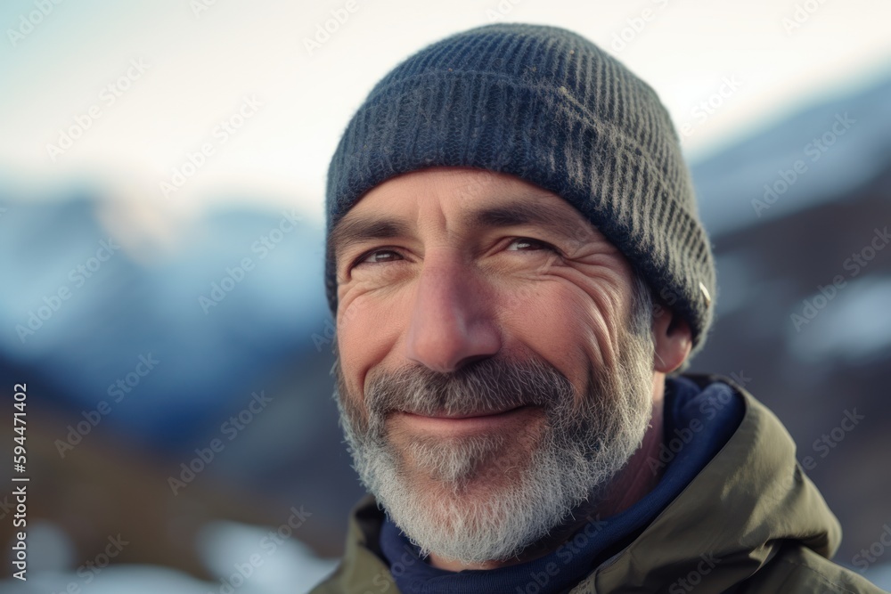 Portrait of a senior man with grey beard and gray hat in the mountains Portrait of a senior man with grey beard and gray hat in the mountains