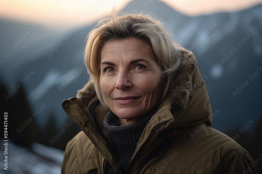 Portrait of senior woman in winter jacket looking at camera on mountain background Portrait of senior woman in winter jacket looking at camera on mountain background