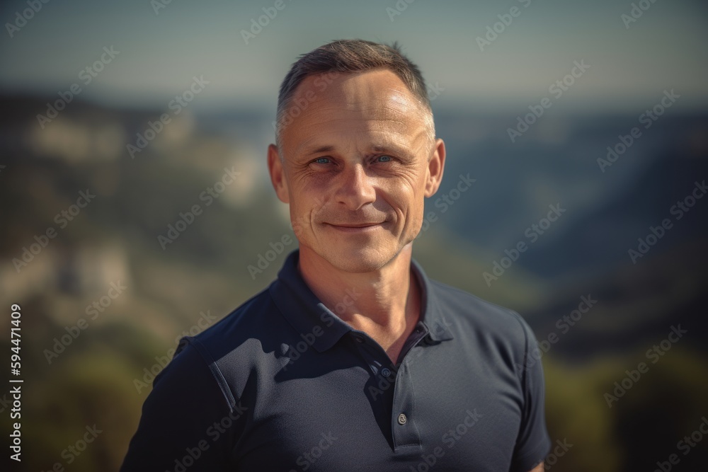 Portrait of a handsome middle-aged man on a background of mountains Portrait of a handsome middle-aged man on a background of mountains