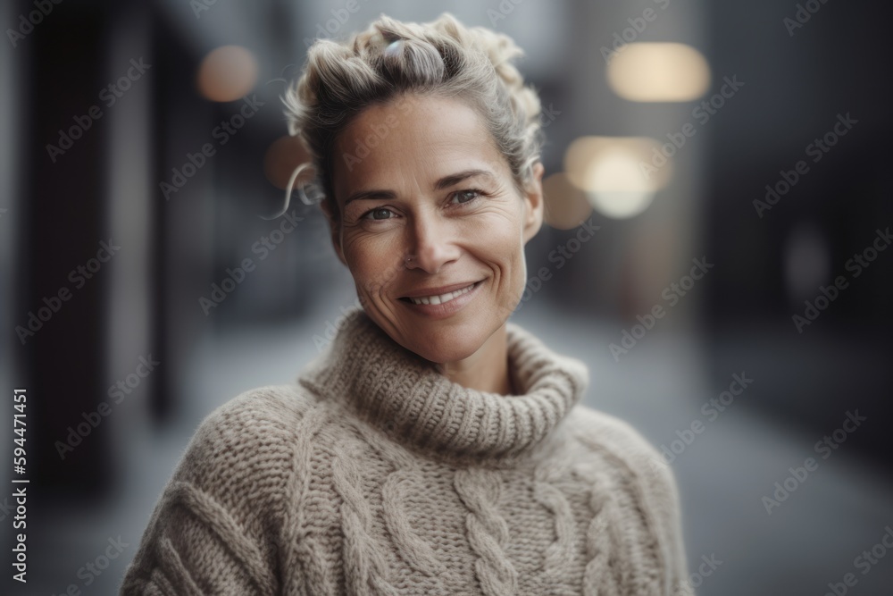 Portrait of a smiling middle-aged woman in a sweater. Portrait of a smiling middle-aged woman in a sweater.