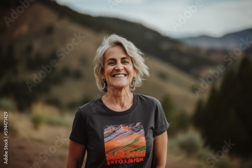 Group portrait photography of a cheerful woman in her 50s wearing a fun graphic tee against a mountain landscape background. Generative AI