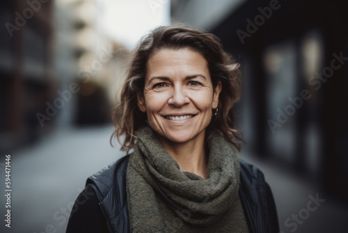 Portrait of a smiling middle-aged woman in the city.