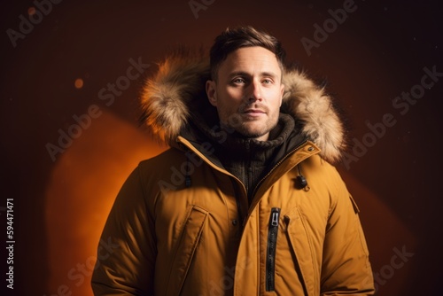 Portrait of a handsome young man in a yellow jacket on a dark background