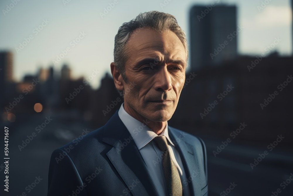 Environmental portrait photography of a satisfied man in his 50s wearing a sleek suit against a cityscape background. Generative AI Environmental portrait photography of a satisfied man in his 50s wearing a sleek suit against a cityscape background. Generative AI