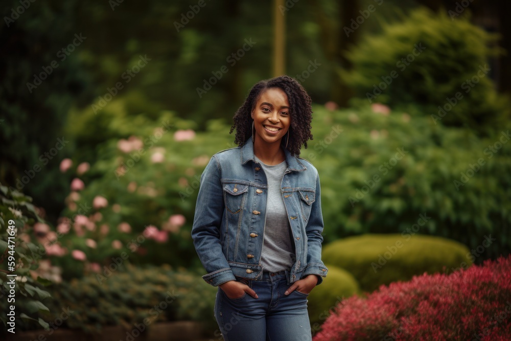 Young african american woman wearing denim jacket, posing in the garden. Young african american woman wearing denim jacket, posing in the garden.