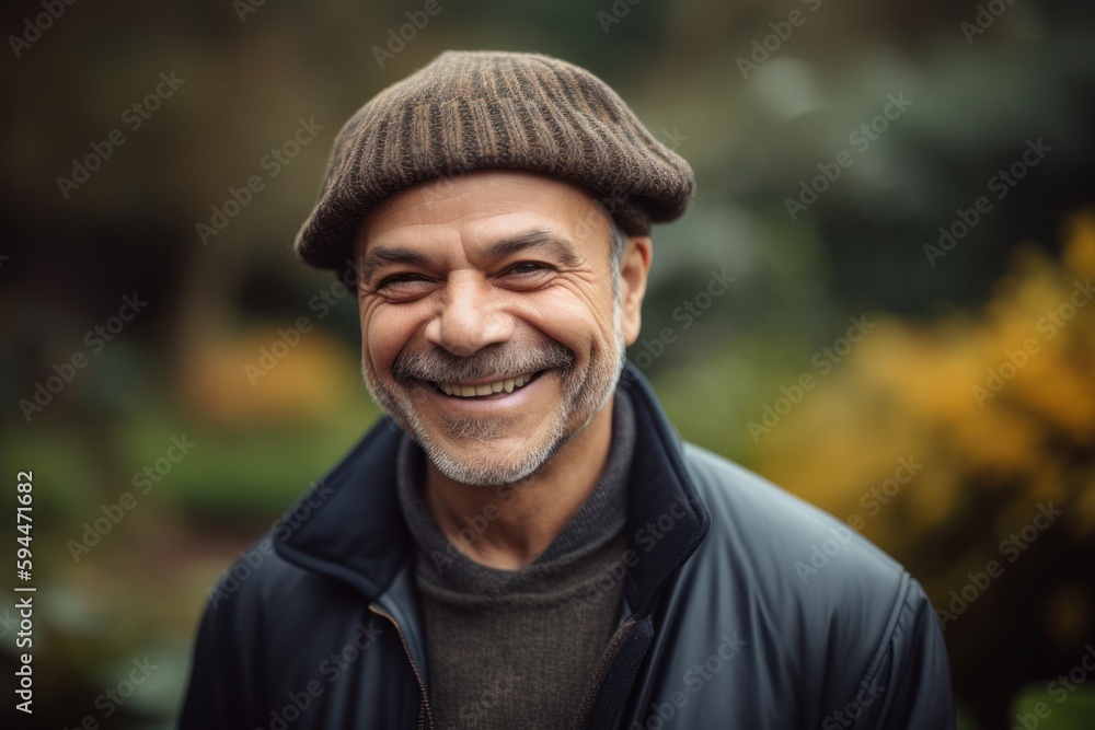 portrait of a smiling senior man in a cap and coat in the park portrait of a smiling senior man in a cap and coat in the park
