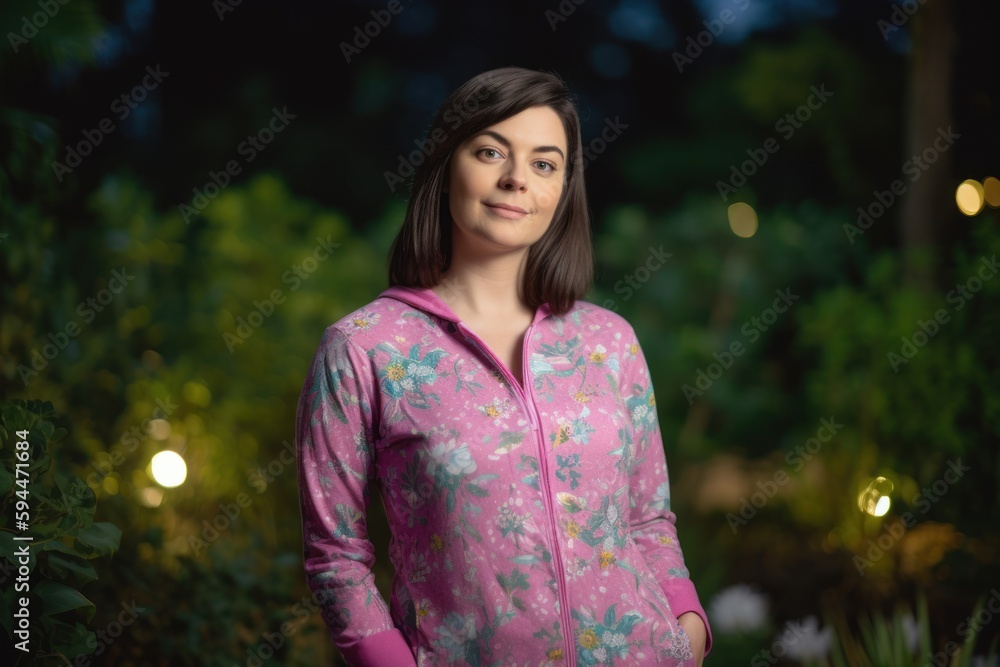 Young beautiful brunette woman in pink pajamas in the garden at night Young beautiful brunette woman in pink pajamas in the garden at night