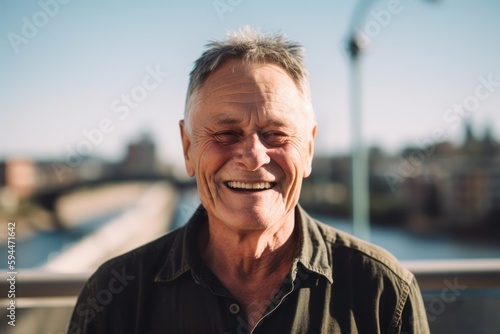 Portrait of a senior man smiling while standing on a bridge.