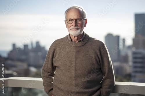 Portrait of a senior man with eyeglasses against view of the city