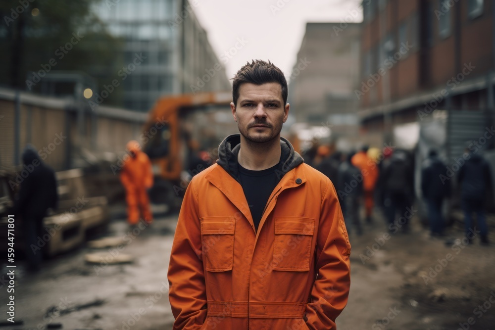 Portrait of a young man in an orange jumpsuit on a construction site