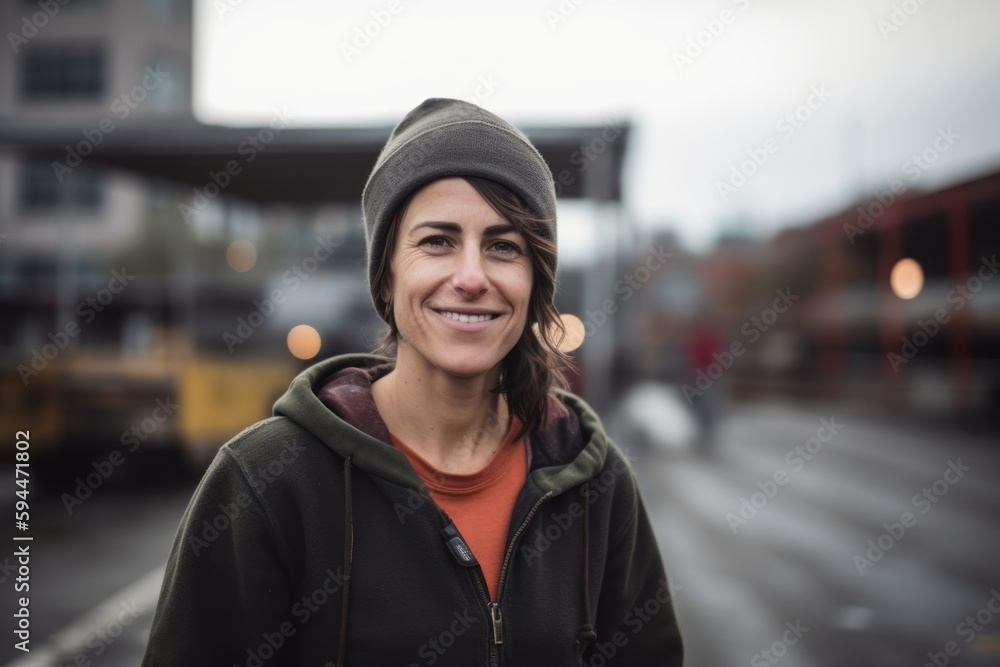 young beautiful hipster woman in the city on the train station platform happy and cheerful looking at the camera