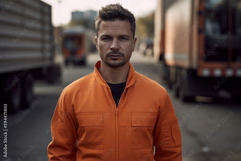 Portrait of a man in an orange jacket on the background of the car. Portrait of a man in an orange jacket on the background of the car.