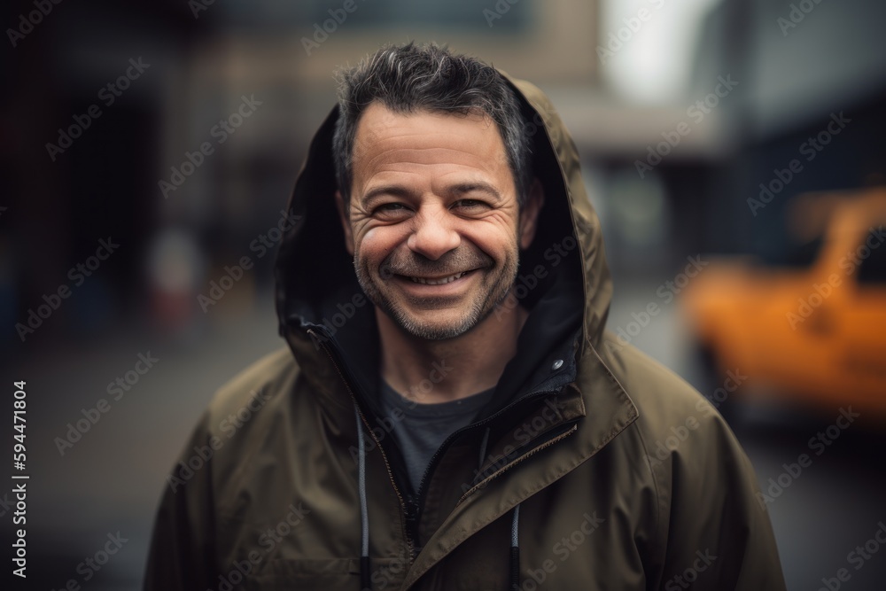 portrait of a smiling middle-aged man in a raincoat portrait of a smiling middle-aged man in a raincoat
