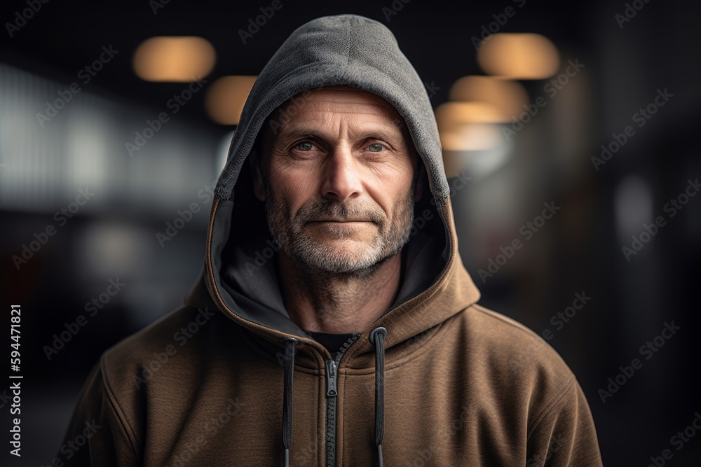 Portrait of a mature man wearing a hooded sweatshirt.