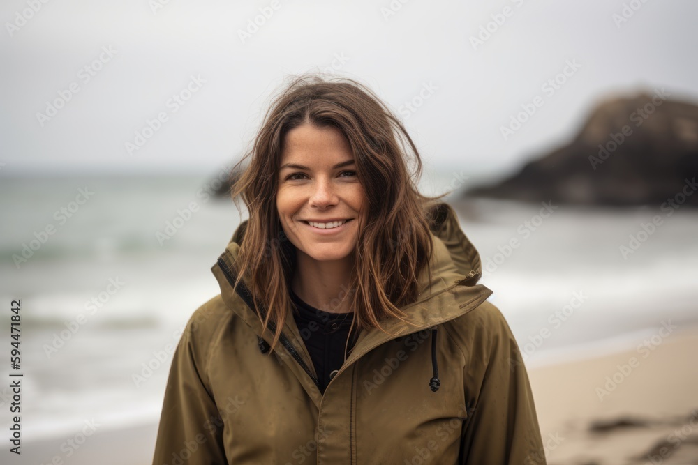 Portrait of a smiling young woman standing on the beach in winter Portrait of a smiling young woman standing on the beach in winter