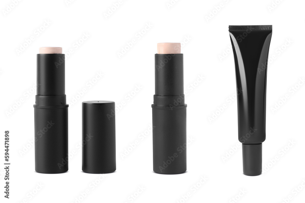 Obraz premium Collage with different skin foundations on white background