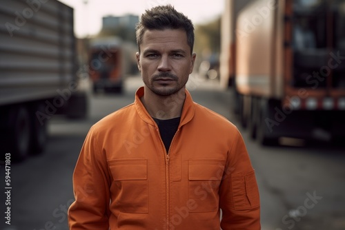 Portrait of a man in an orange jacket on the background of the car.