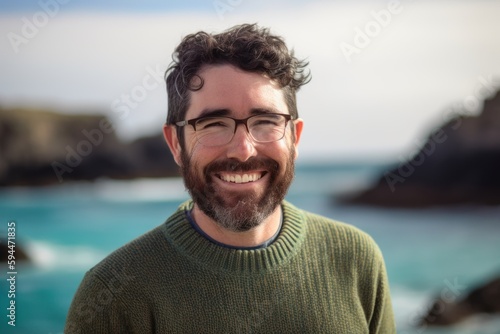 Portrait of handsome man with beard and glasses smiling at camera on the beach