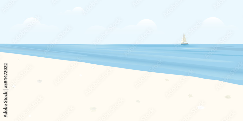 Tropical beach with blue sea and clear sky have yacth and at skyline vector illustration. Seascape and blue sky flat design background.