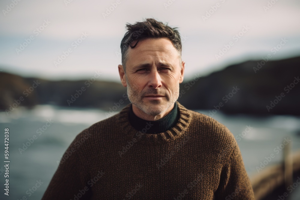 Portrait of a handsome middle-aged man in a warm sweater on the seashore Portrait of a handsome middle-aged man in a warm sweater on the seashore