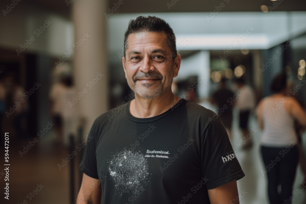 Portrait of a handsome mature man with short hair and beard, wearing a black T-shirt, standing in an art gallery. Portrait of a handsome mature man with short hair and beard, wearing a black T-shirt, standing in an art gallery.