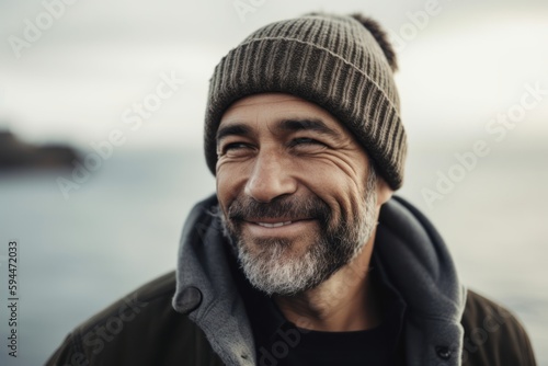 Portrait of a handsome middle-aged man in a warm hat and coat on the beach. © Robert MEYNER