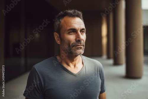 Portrait of handsome middle-aged man with short hair and beard in urban background