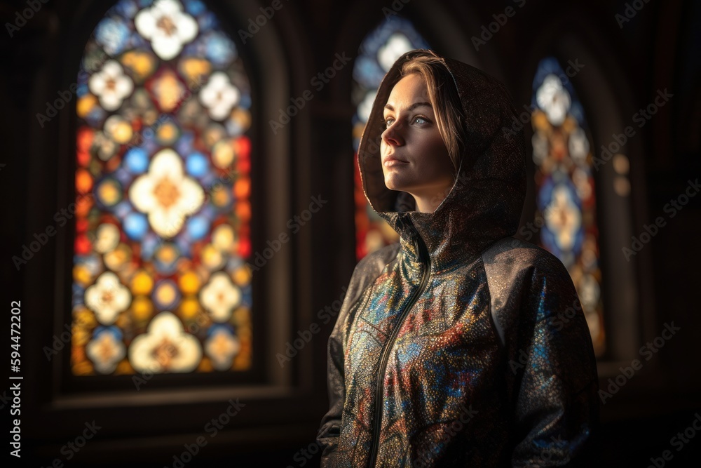 Young woman in a medieval costume in front of a stained glass window Young woman in a medieval costume in front of a stained glass window